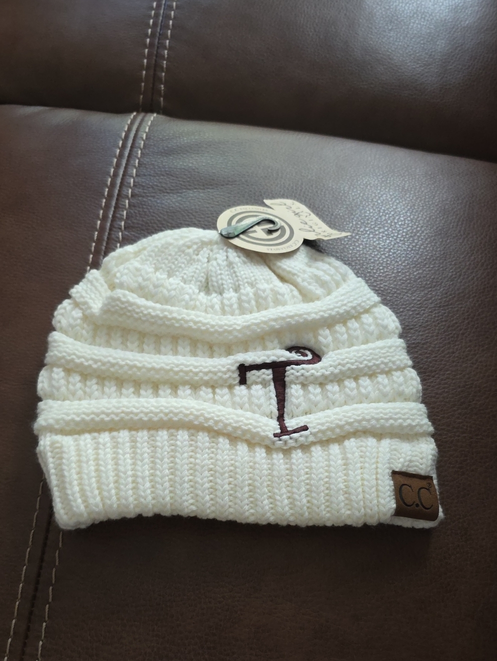 C.C  Ivory Knit Beanie with Embroidered Initial